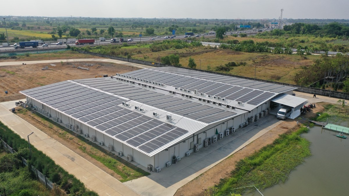 Aerial drone view of Solar Farm Thailand's new 2,700 m² indoor medical cannabis cultivation facility in Pathum Thani