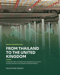 Solar Farm technicians in full PPE tending flowering cannabis plants under LED grow lights at the indoor medical cannabis facility in Pathum Thani, Thailand. Title card reads From Thailand to the United Kingdom.